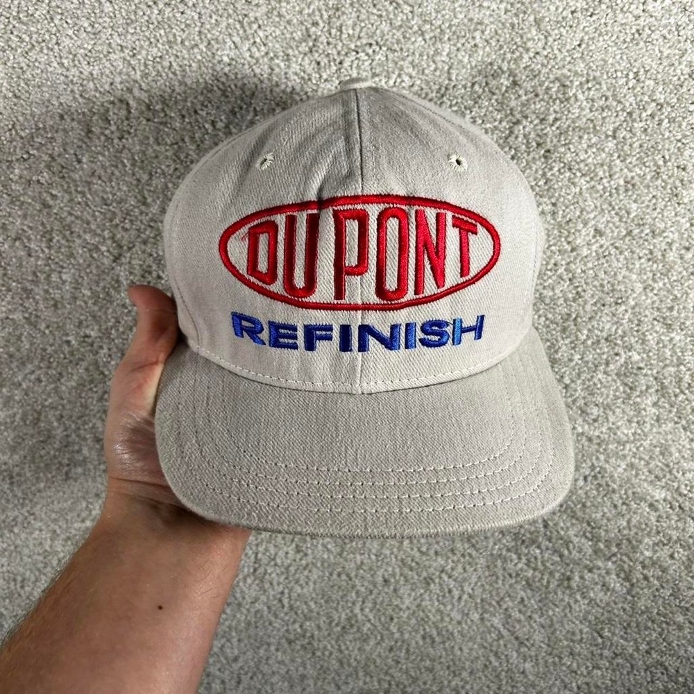Vintage 90s DuPont racing grey/cream wool strap back hat cap by AJD